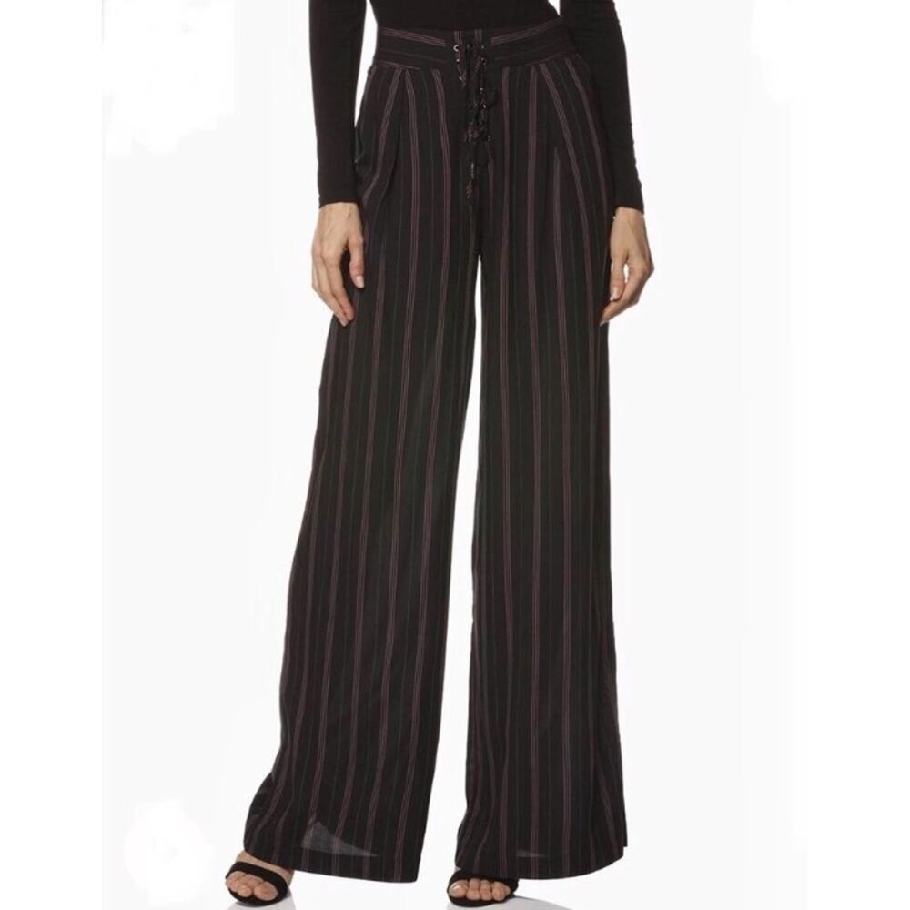 PAIGE Capucine High Waist Wide Leg Lace Up Pants in Black Stripe, Women's 2 $218